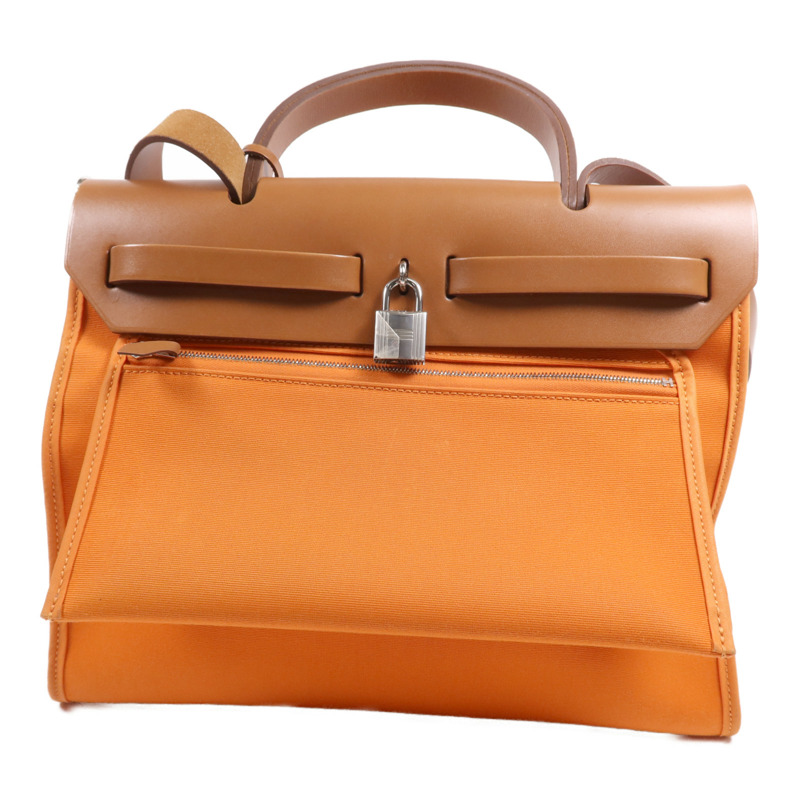 HERMES 帆布Herbag PM銀扣手挽肩背兩用袋Feu-1