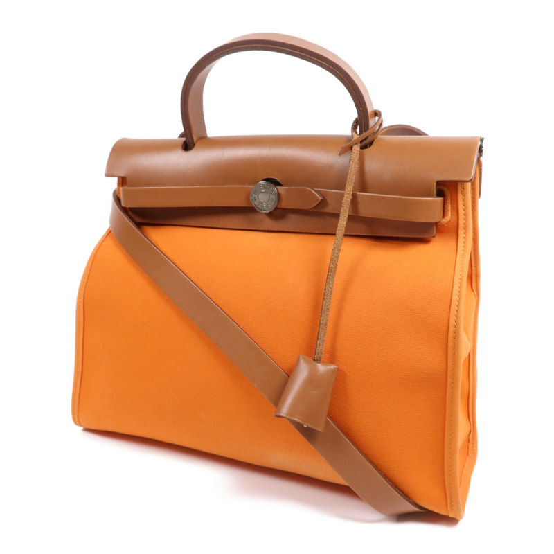 HERMES 帆布Herbag PM銀扣手挽肩背兩用袋Feu-2
