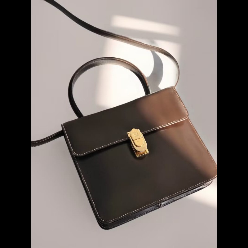 【LA LUNE】絕版古董包 Loewe黑金色凱莉包 單肩包 皮革包 斜背包 復古二手包-0