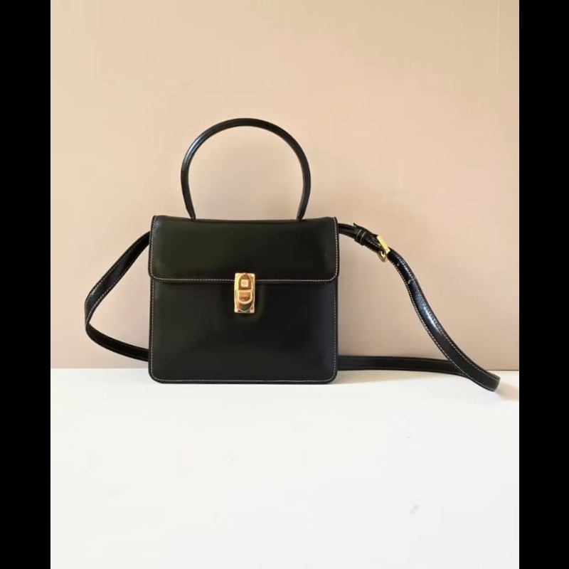 【LA LUNE】絕版古董包 Loewe黑金色凱莉包 單肩包 皮革包 斜背包 復古二手包-1