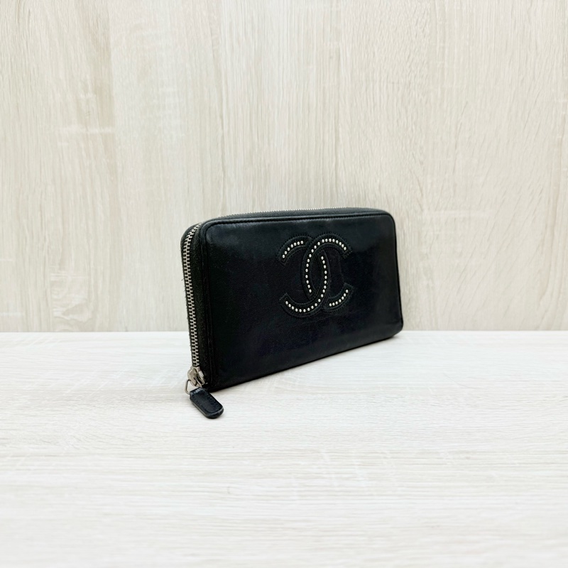 CHANEL皮夾黑色羊皮雙C鉚釘拉鍊長夾/A80336-3
