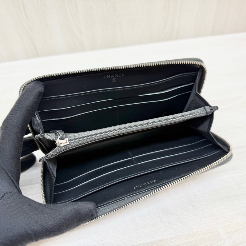 CHANEL皮夾黑色羊皮雙C鉚釘拉鍊長夾/A80336-5