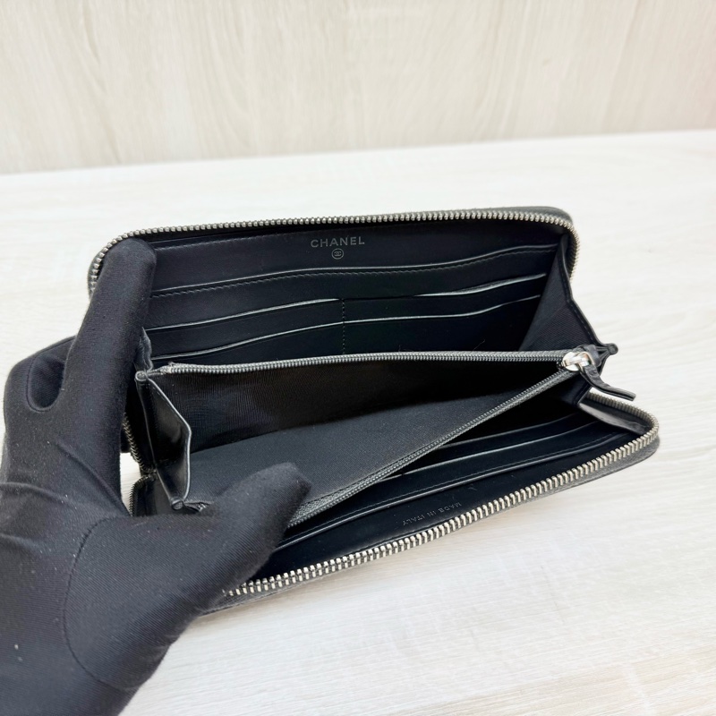 CHANEL皮夾黑色羊皮雙C鉚釘拉鍊長夾/A80336-6