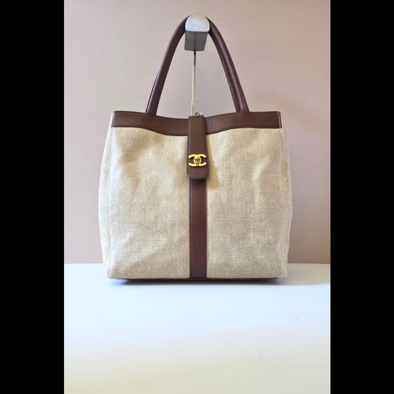 【LA LUNE】稀有中古包 Chanel米咖色拼皮托特包 單肩包 側背包 古著包 二手-0