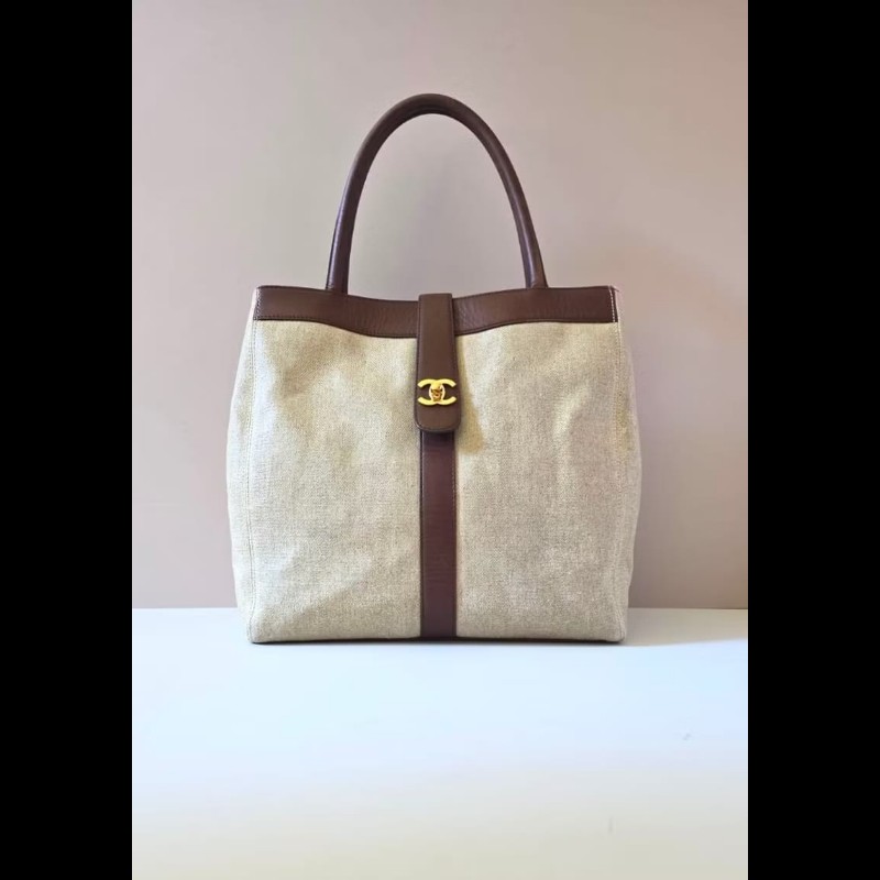 【LA LUNE】稀有中古包 Chanel米咖色拼皮托特包 單肩包 側背包 古著包 二手-2