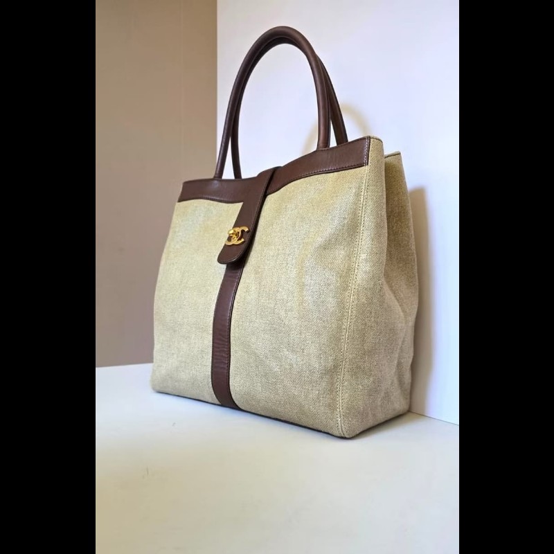 【LA LUNE】稀有中古包 Chanel米咖色拼皮托特包 單肩包 側背包 古著包 二手-3