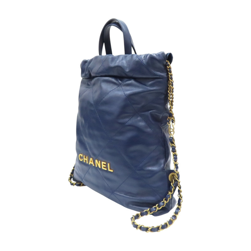 藍色 菱格紋 牛皮 22 後背包【CHANEL 香奈兒】 AS3859-2