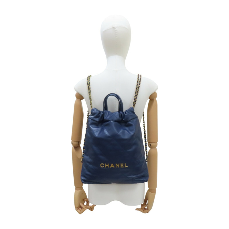 藍色 菱格紋 牛皮 22 後背包【CHANEL 香奈兒】 AS3859-4