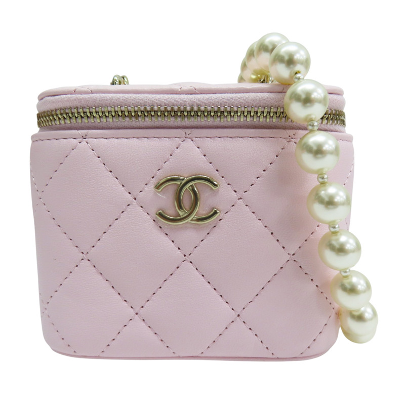 粉色 羊皮 珍珠鏈帶 肩背包 金釦【CHANEL 香奈兒】 AP2581-0