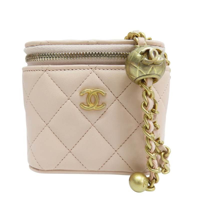 粉膚色 羊皮 Vanity 金球 方盒 鍊帶肩背包 金釦【CHANEL 香奈兒】 AP1447-0