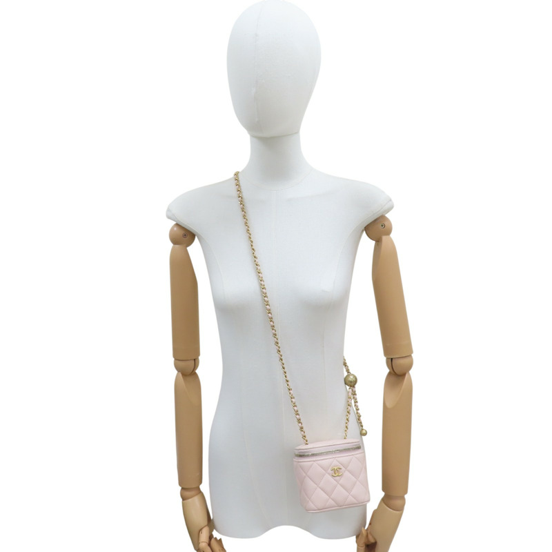 粉膚色 羊皮 Vanity 金球 方盒 鍊帶肩背包 金釦【CHANEL 香奈兒】 AP1447-8
