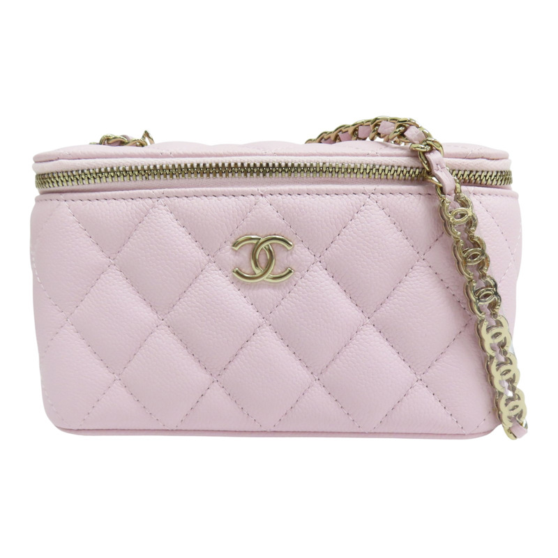 粉色 菱格紋 荔枝牛皮 Matelasse 化妝盒 鏈帶 肩背包 金釦【CHANEL 香奈兒】 AP1341-0