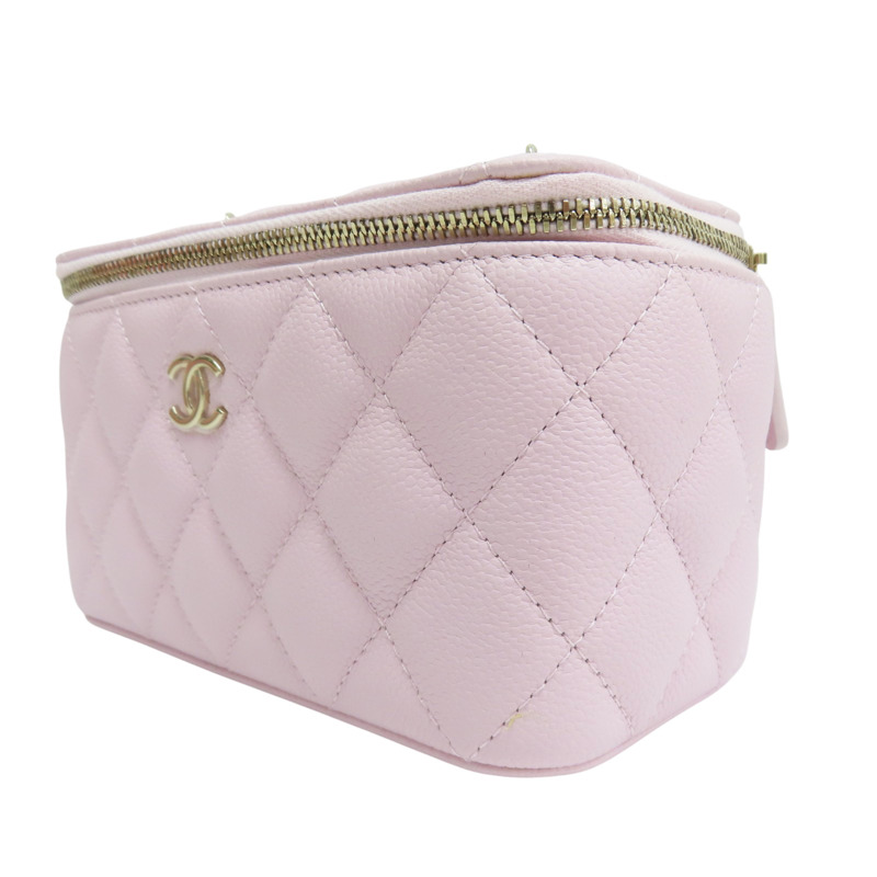 粉色 菱格紋 荔枝牛皮 Matelasse 化妝盒 鏈帶 肩背包 金釦【CHANEL 香奈兒】 AP1341-2