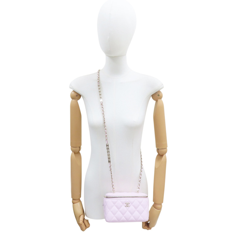 粉色 菱格紋 荔枝牛皮 Matelasse 化妝盒 鏈帶 肩背包 金釦【CHANEL 香奈兒】 AP1341-9