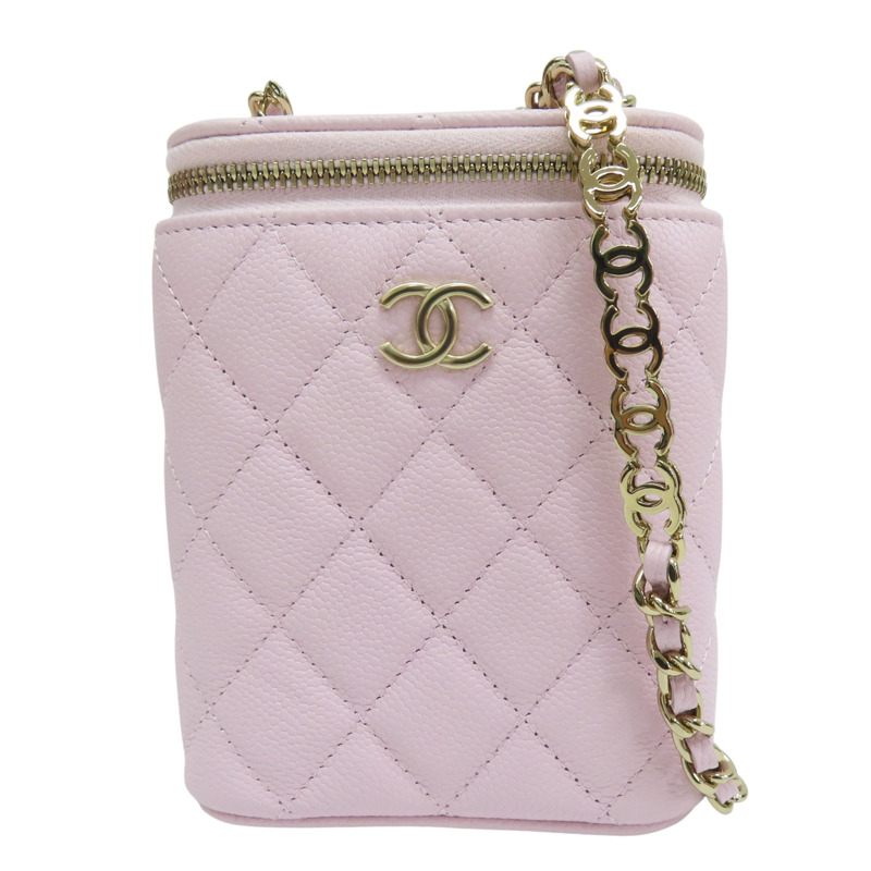 淡粉色 菱格紋 荔枝牛皮 鍊帶肩背包 金釦【CHANEL 香奈兒】 AO2195-0
