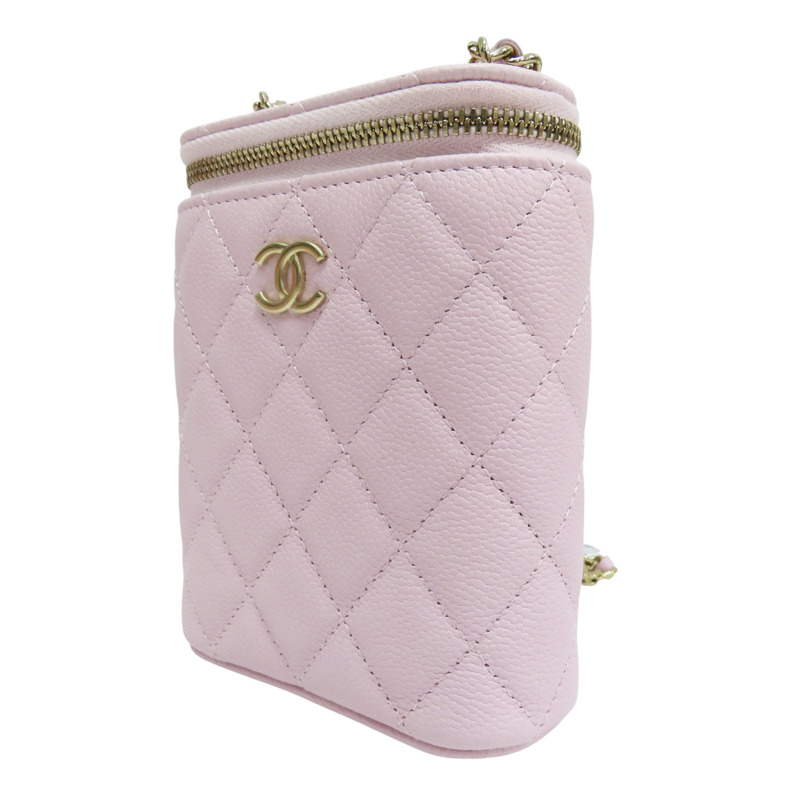 淡粉色 菱格紋 荔枝牛皮 鍊帶肩背包 金釦【CHANEL 香奈兒】 AO2195-2