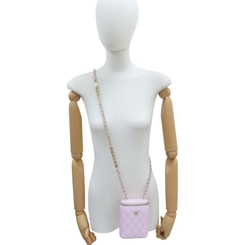 淡粉色 菱格紋 荔枝牛皮 鍊帶肩背包 金釦【CHANEL 香奈兒】 AO2195-8