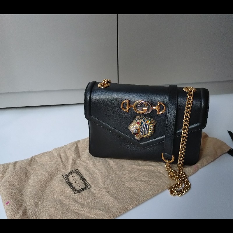 Gucci 金鍊水鑽虎頭黑皮革口蓋包-4