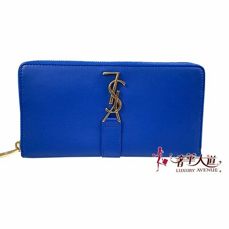 ＊奢華大道國際精品＊【Y099】YSL 藍色牛皮經典LOGOㄇ字拉鍊長夾