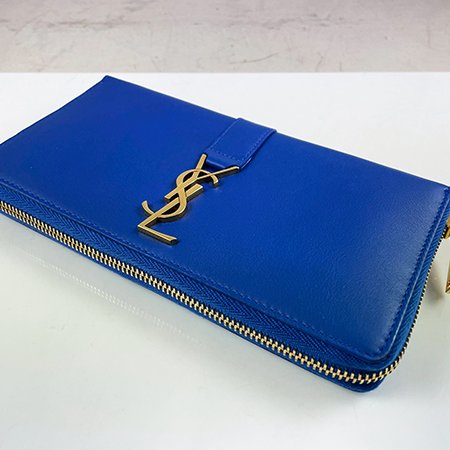 ＊奢華大道國際精品＊【Y099】YSL 藍色牛皮經典LOGOㄇ字拉鍊長夾-1