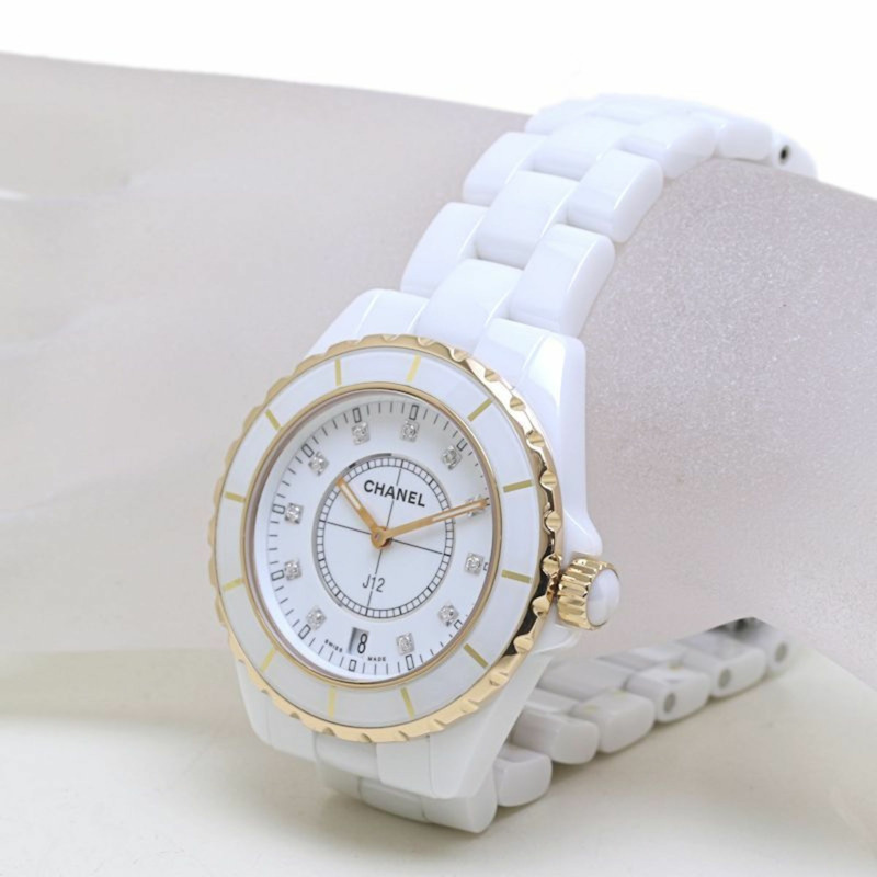 香奈兒 J12 白色陶瓷腕錶，鑲嵌 11 顆鑽石，配 PG 錶圈 (H2180) - 男士腕錶，18K 金 (40180)-1