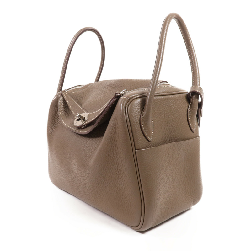 HERMES Clemence皮革Lindy 26銀扣手挽肩背兩用袋Etoupe-2