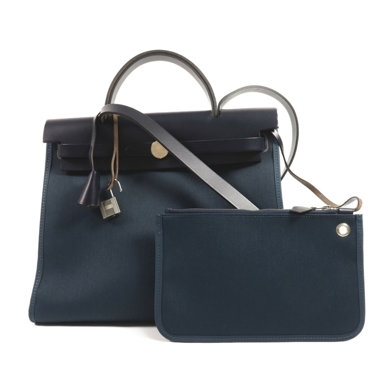 HERMES 帆布Herbag PM銀扣手挽肩背兩用袋Bleu Ocean-0