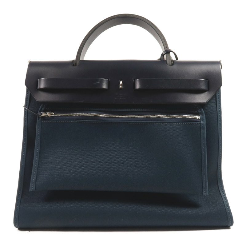 HERMES 帆布Herbag PM銀扣手挽肩背兩用袋Bleu Ocean-1