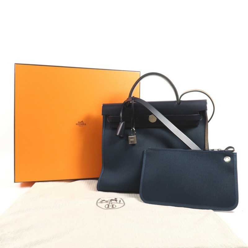 HERMES 帆布Herbag PM銀扣手挽肩背兩用袋Bleu Ocean-18