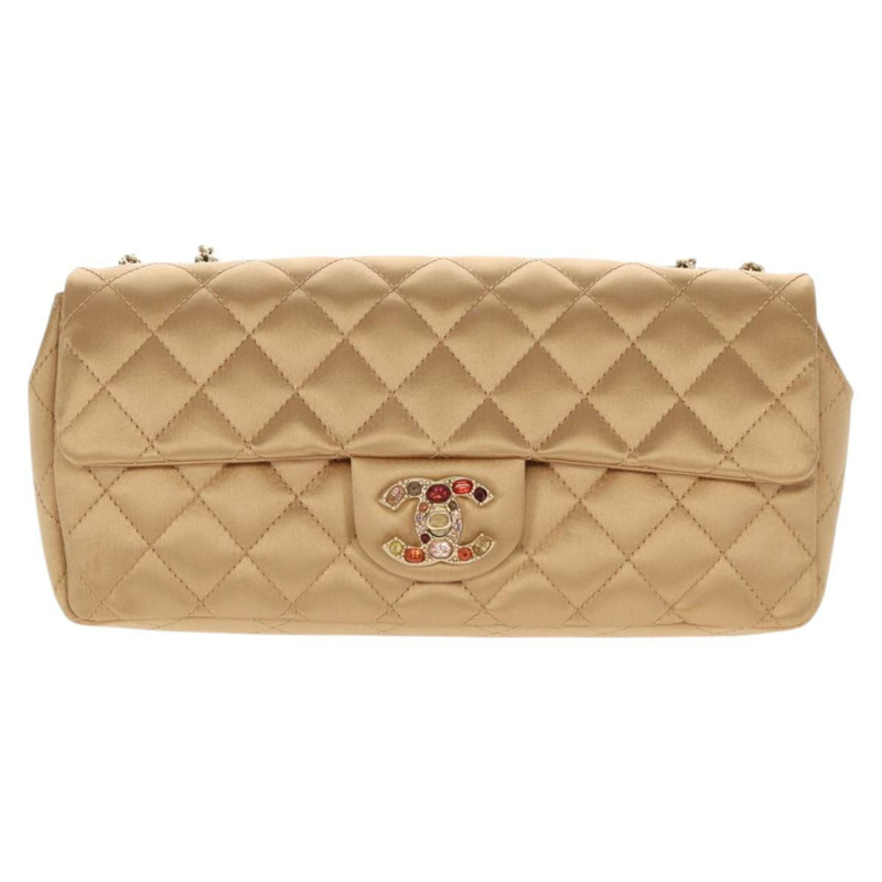 【日本直送】香奈兒鏈條絎縫肩背包，緞面金色雙C標誌，貨號128521M-12