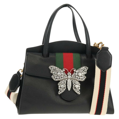GUCCI Web Sherry Line 手提包 皮革 兩用 黑色 金色 505342 正品 148828M