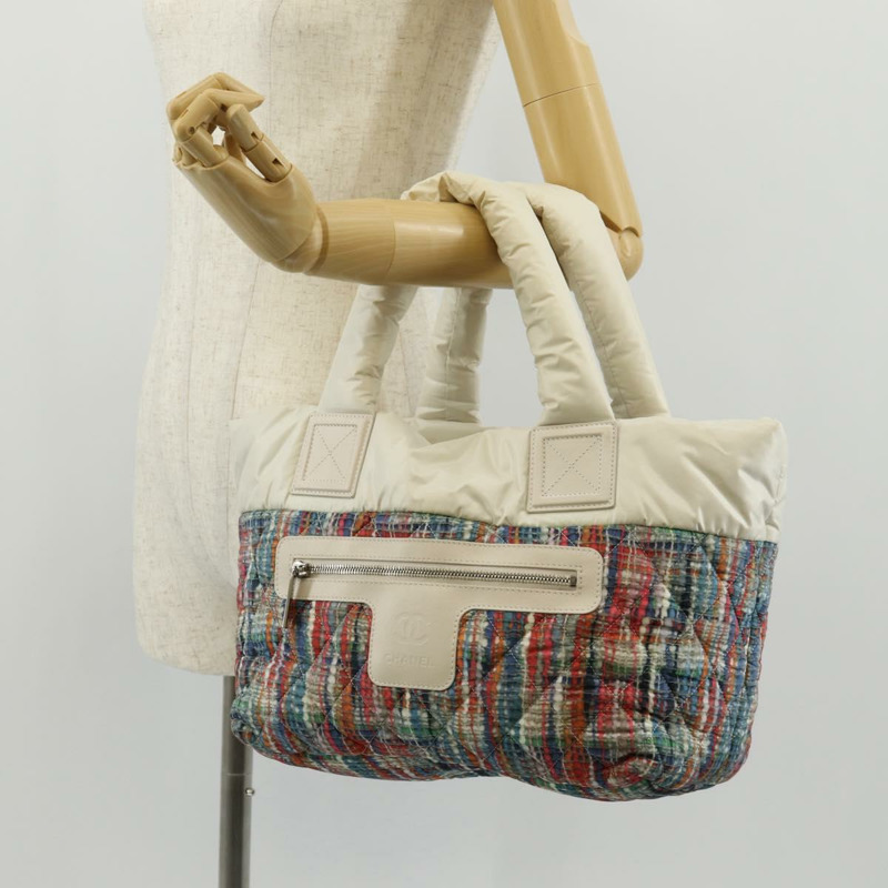 【日本直送】香奈兒 Cococoon 托特包 尼龍 白色 銀色 CC 標誌 Auth 148203V-30