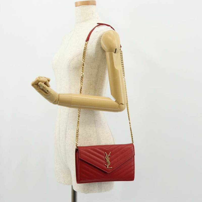 【日本直送】SAINT LAURENT 鏈條 Cassandra 單肩包 魚子醬紋皮革 紅色 金色 正品 148456M-26