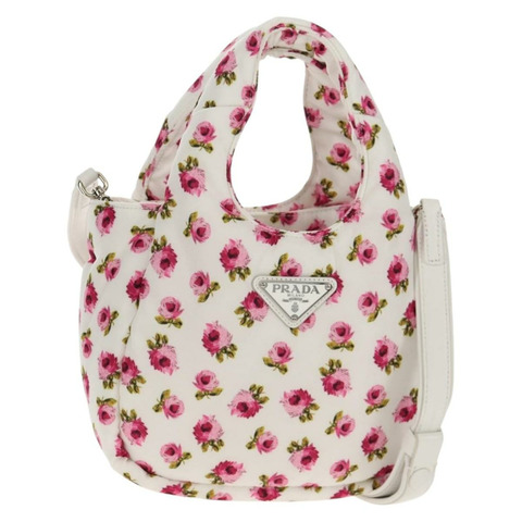 PRADA 花卉手提包 尼龍 兩用 白色 粉紅色 銀色 1BA359 正品 yk19751M