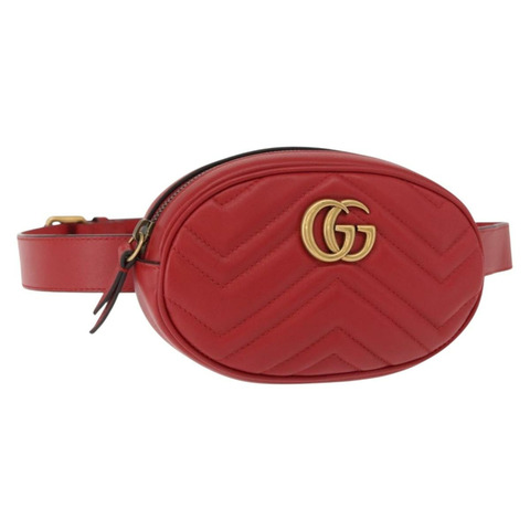 GUCCI GG Marmont 腰包 皮革 紅色 金色 476434 正品 151177M