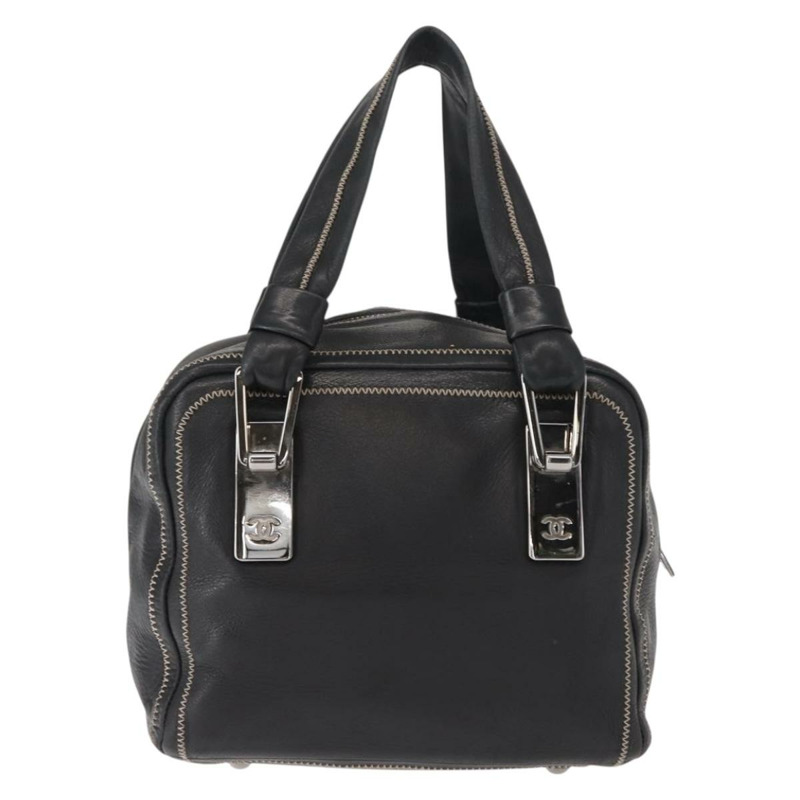 【日本直送】香奈兒 COCO 標誌手提包，黑色皮革，銀色雙C標誌，正品編號 149457-1