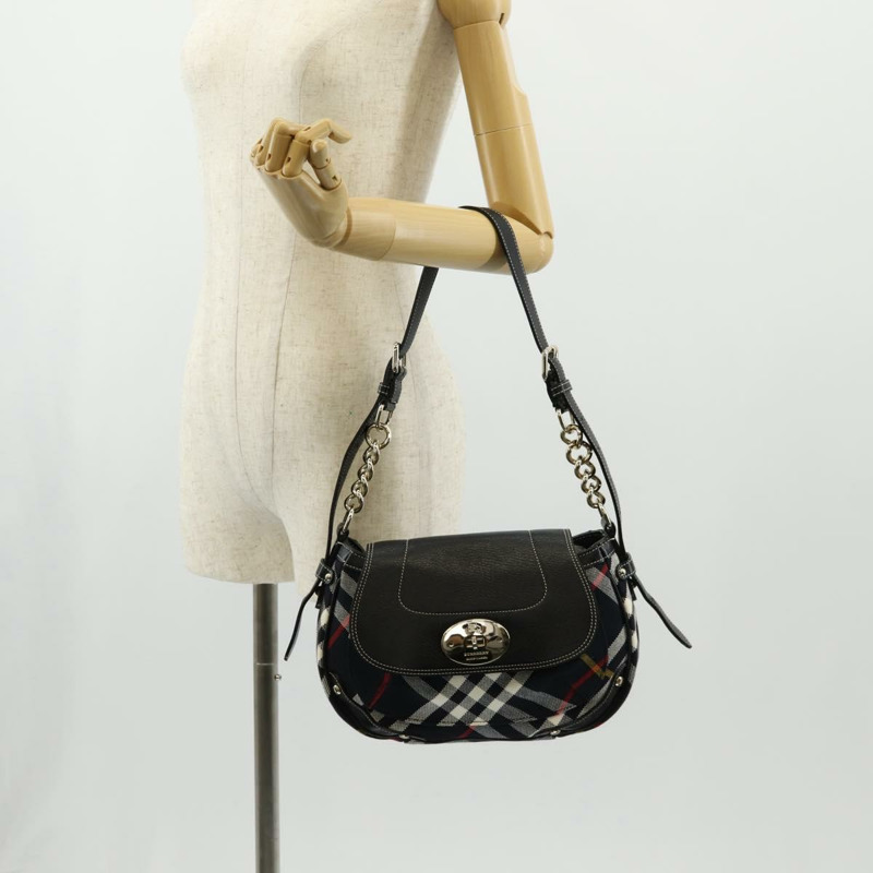 【日本直送】BURBERRY 藍標 Nova 格紋單肩包 帆布 黑色 銀色 正品 149575V-22