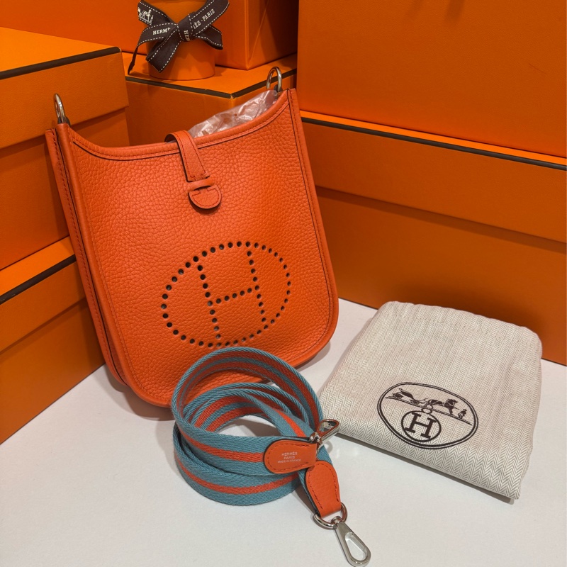 Hermes Mini Evelyne 愛馬仕橙+編織肩帶 🍊 T刻 近全新-1