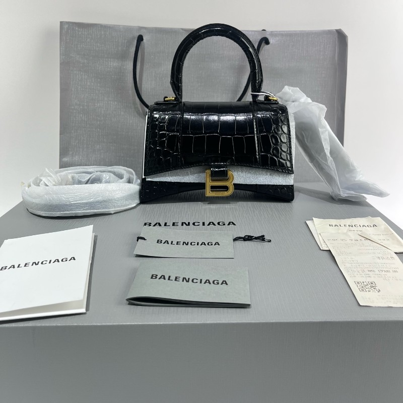 Balenciaga/巴黎世家黑金鱷魚壓紋沙漏xs號斜挎包-0