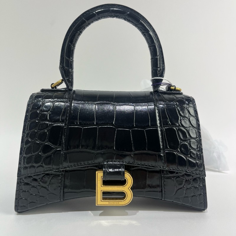 Balenciaga/巴黎世家黑金鱷魚壓紋沙漏xs號斜挎包-1