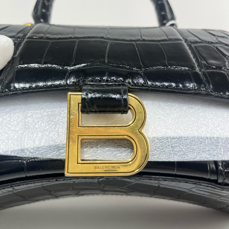 Balenciaga/巴黎世家黑金鱷魚壓紋沙漏xs號斜挎包-6