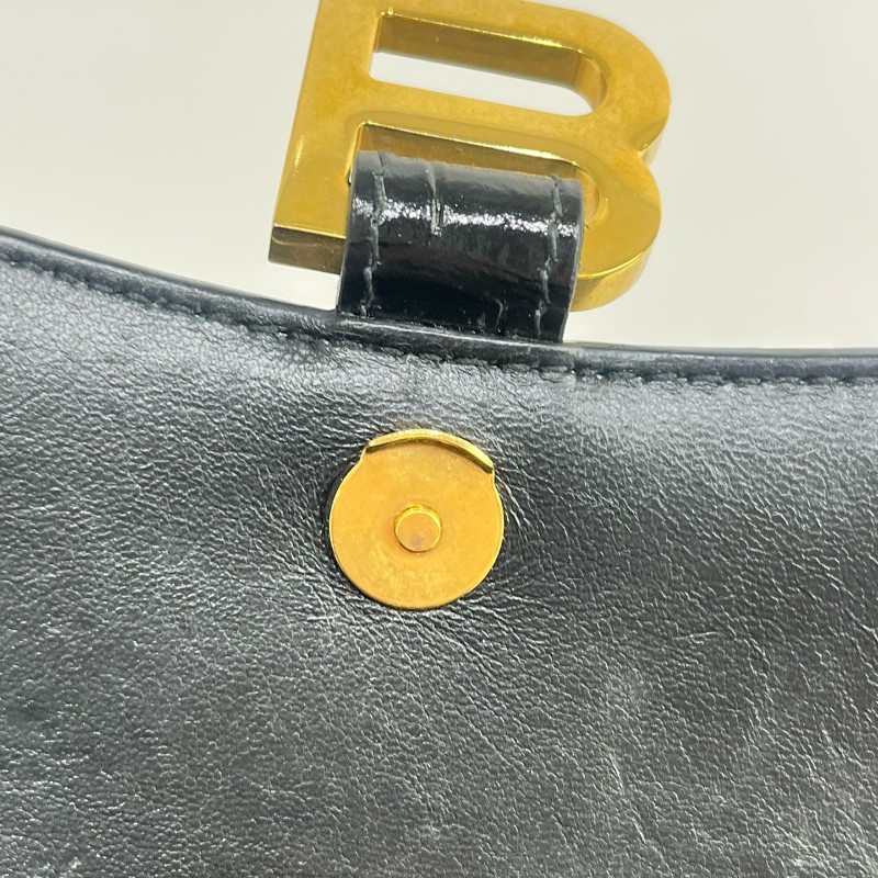 Balenciaga/巴黎世家黑金鱷魚壓紋沙漏xs號斜挎包-11