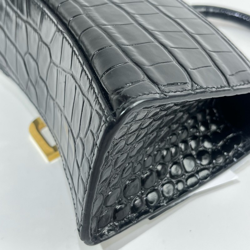 Balenciaga/巴黎世家黑金鱷魚壓紋沙漏xs號斜挎包-13