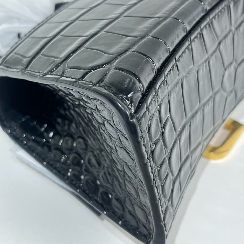 Balenciaga/巴黎世家黑金鱷魚壓紋沙漏xs號斜挎包-14