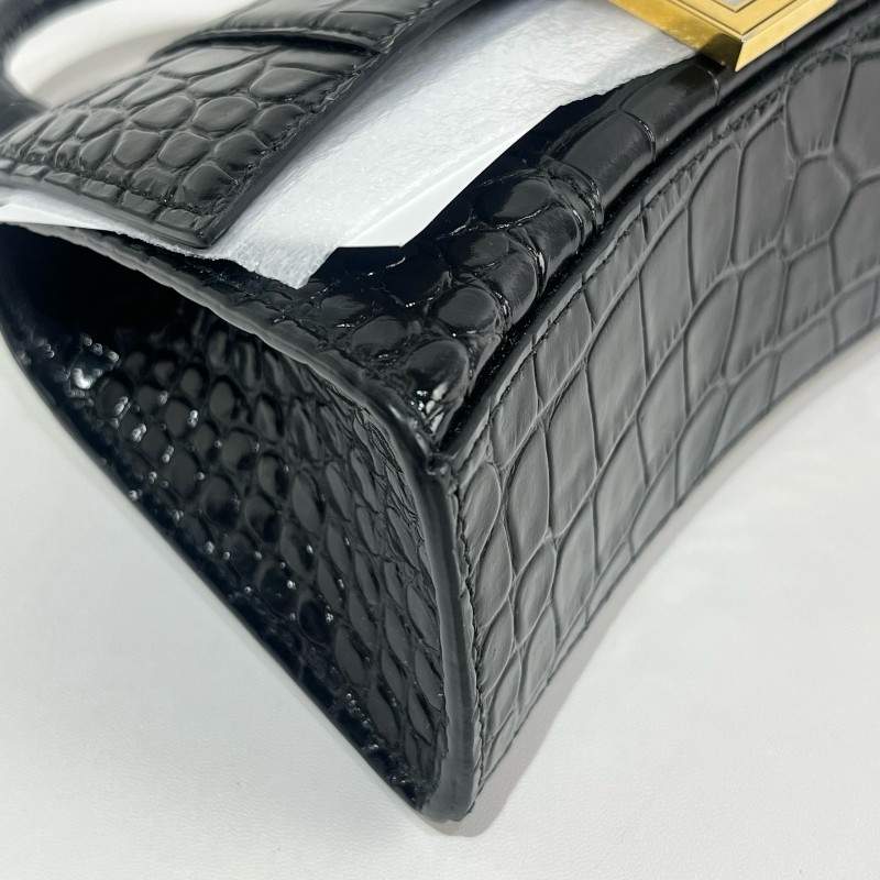 Balenciaga/巴黎世家黑金鱷魚壓紋沙漏xs號斜挎包-16