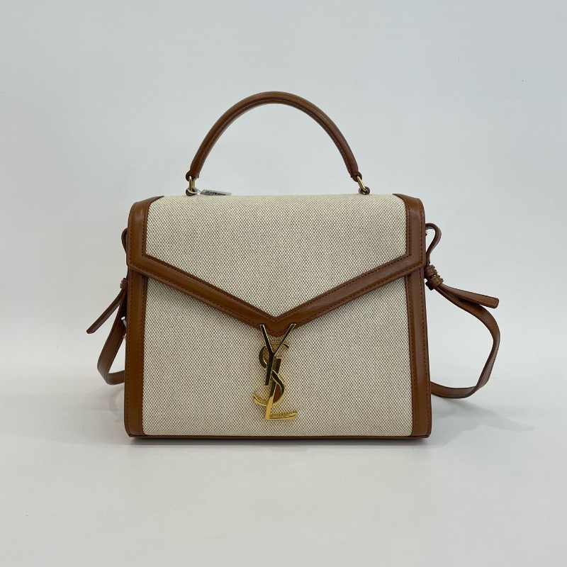 Saint Laurent/聖羅蘭金標字母米色拼棕色手提單肩斜挎包-0