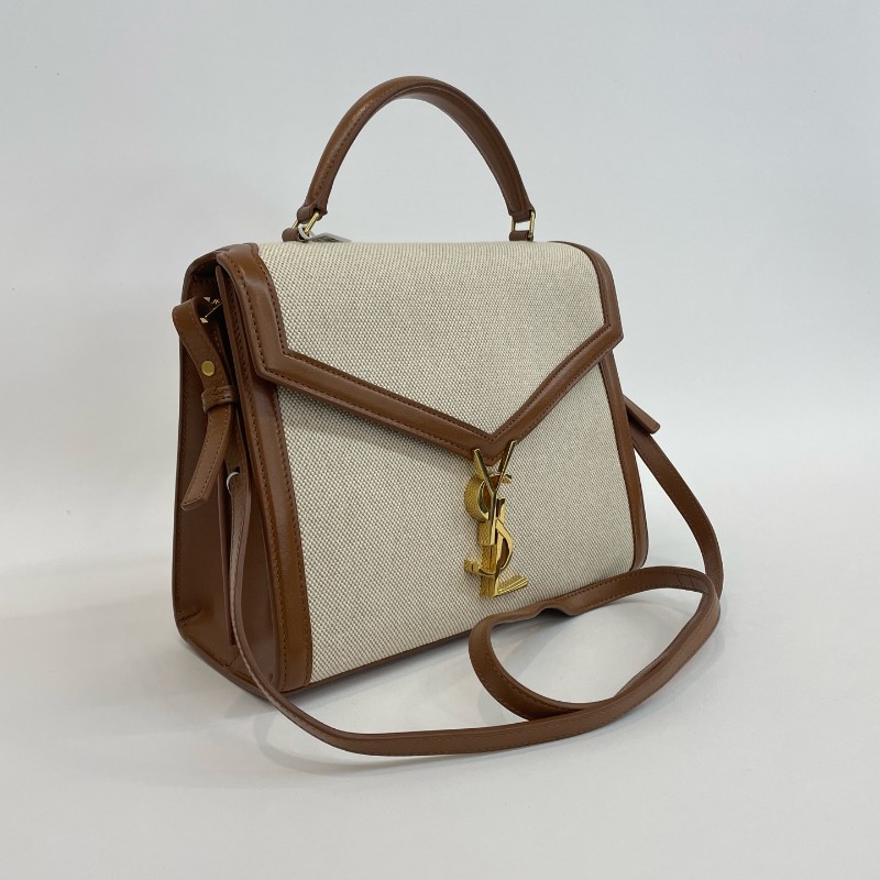 Saint Laurent/聖羅蘭金標字母米色拼棕色手提單肩斜挎包-3