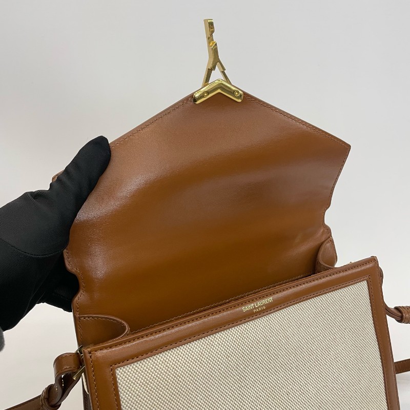 Saint Laurent/聖羅蘭金標字母米色拼棕色手提單肩斜挎包-6