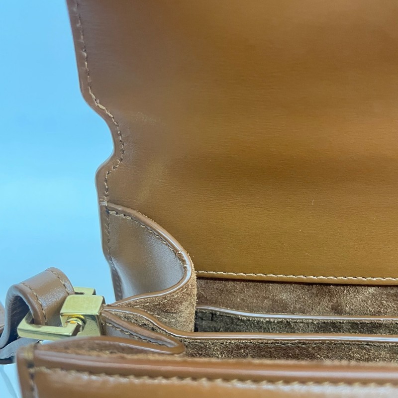 Saint Laurent/聖羅蘭金標字母米色拼棕色手提單肩斜挎包-9