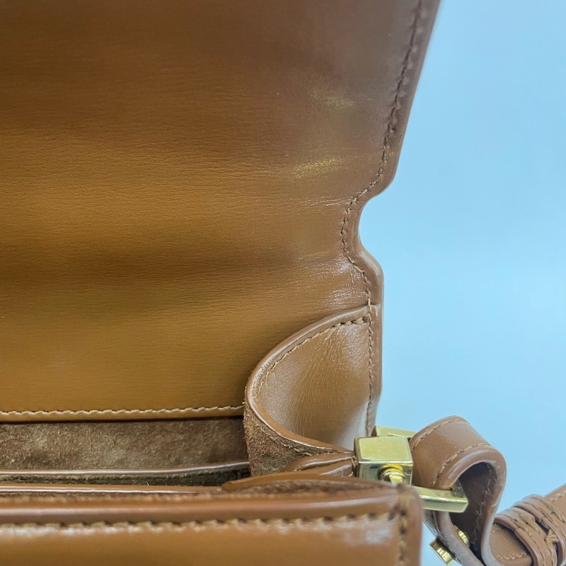 Saint Laurent/聖羅蘭金標字母米色拼棕色手提單肩斜挎包-10